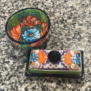 Hand painted butter dish and bowl
